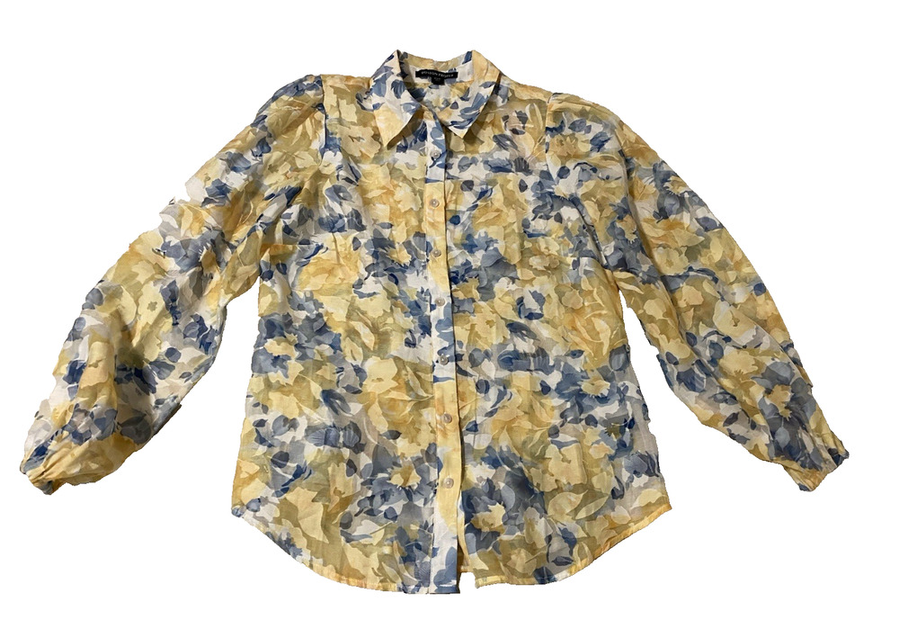 Boston Proper Womens Blouse Size Small Sheer Collared Button Up Floral Flowy